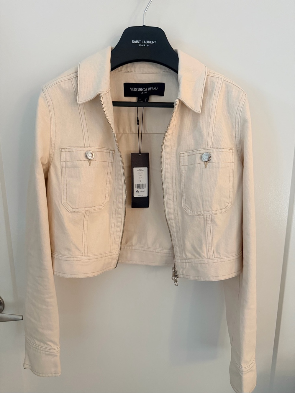NWT Veronica Beard Patty Moto Jacket Ecru Cropped Denim Jacket
